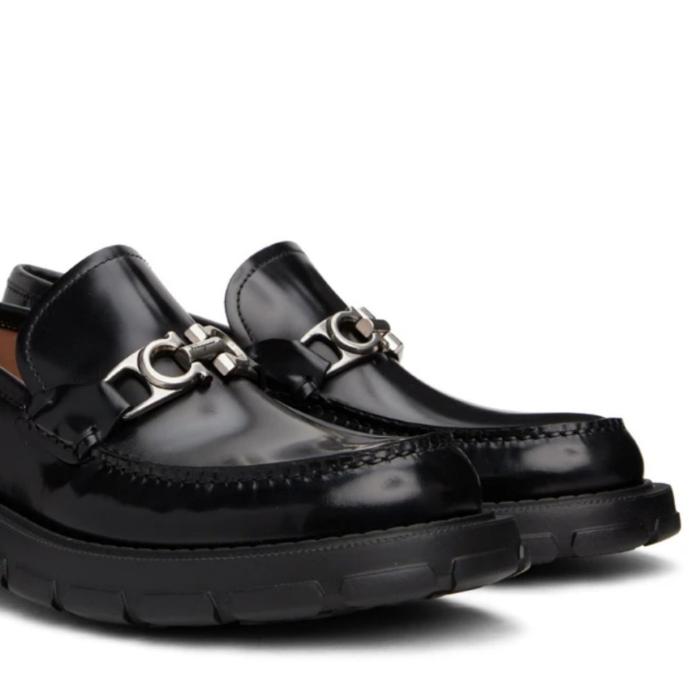 Authentic Salvatore Ferragamo Lug Sole Black Leather Gancini Loafers